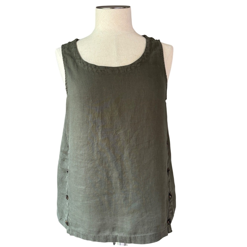 Rachel Rachel Roy Linen Tank Top Women L Olive Green Side Button Boho Coastal
